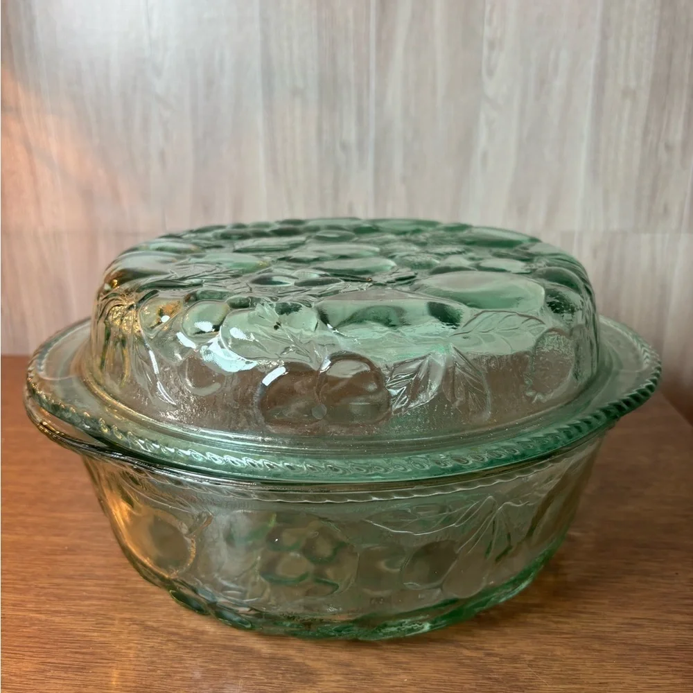 Vintage Libby Orchard Fruit Green Glass Covered Casserole Dish Lid Pie Baking